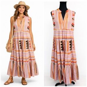 Anthropologie Devotion Twins Anahita Maxi Dress S Embroidered Cotton Boho Tiered